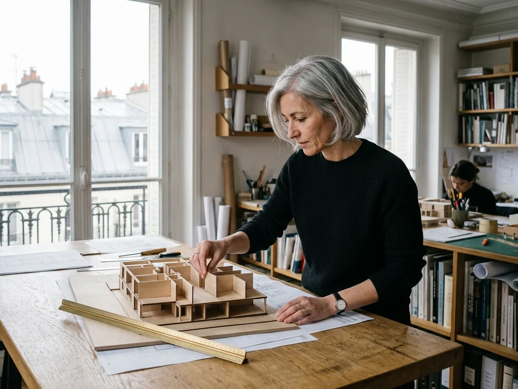 Architecte travaillant sur une maquette détaillée et des plans techniques pour illustrer la précision conceptuelle.