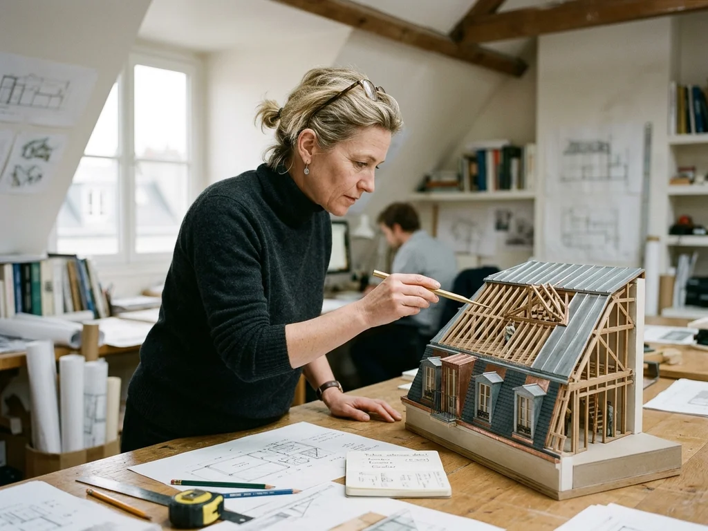 Architecte examinant une maquette de surélévation en bois pour un immeuble de style parisien.