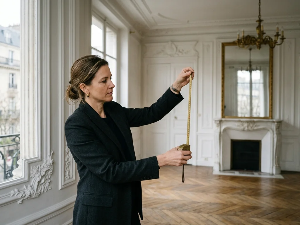 Architecte inspectant une moulure en stuc pour garantir une rénovation d'exception dans le 16e.