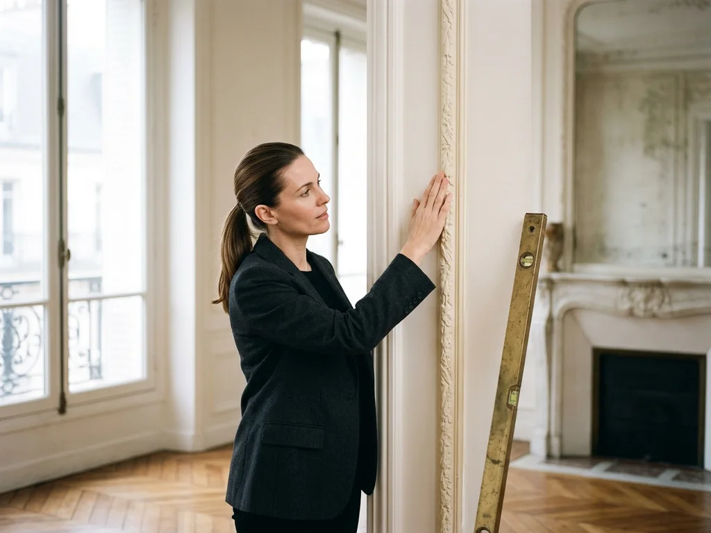 Architecte supervisant les finitions d'un appartement haussmannien lors d'une rénovation complète haut de gamme.