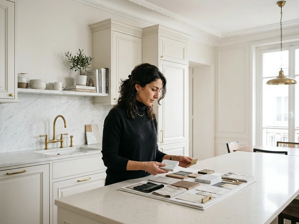 Architecte examinant des finitions dans une cuisine rénovée à La Muette, Paris 16.