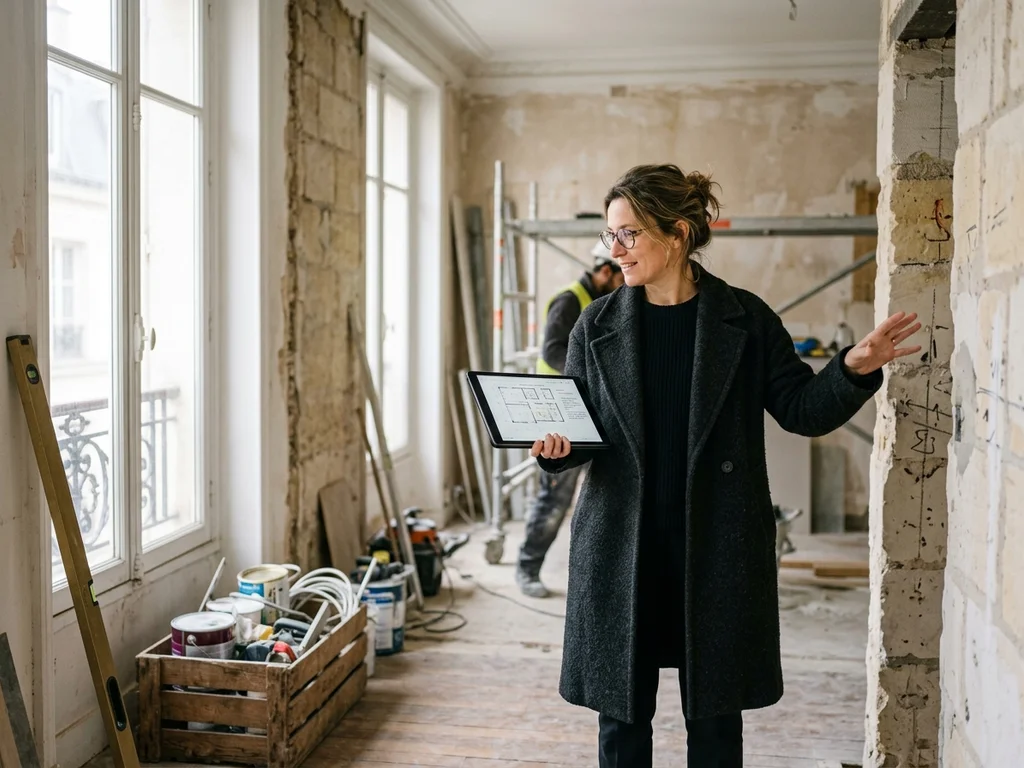 Architecte en manteau anthracite supervisant les travaux de rénovation d'un appartement de standing parisien.