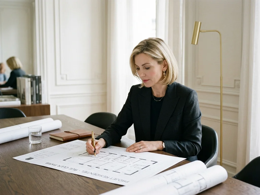 Architecte travaillant dans un bureau privé haut de gamme du Duplex Auteuil à Paris 16.