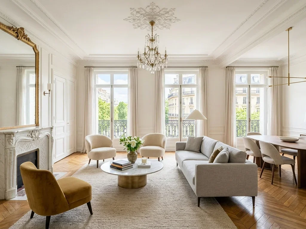 Rénovation élégante d'un salon haussmannien avec moulures et détails en laiton avenue Foch.