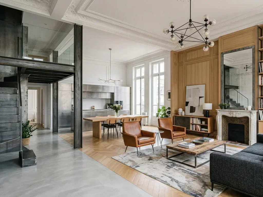 Intérieur épuré d'un loft contemporain avec finitions dorées et mobilier minimaliste à Passy.