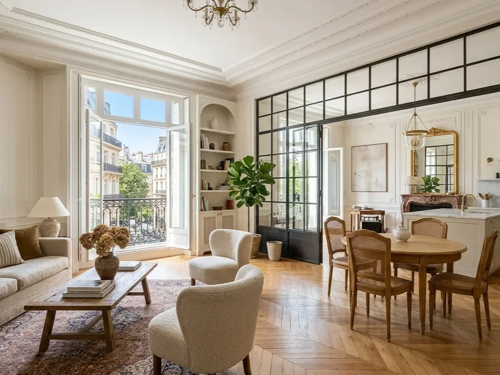 Salon minimaliste avenue Foch avec mobilier crème et détails dorés design par DC Design.