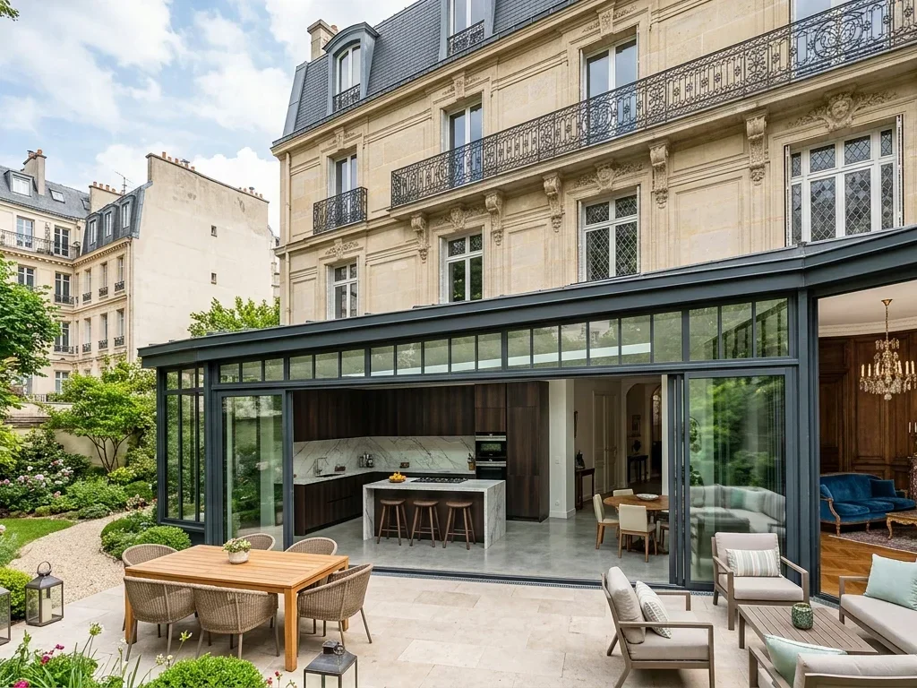 Intérieur luxueux au Trocadéro avec finitions en laiton et mobilier haut de gamme DC Design.
