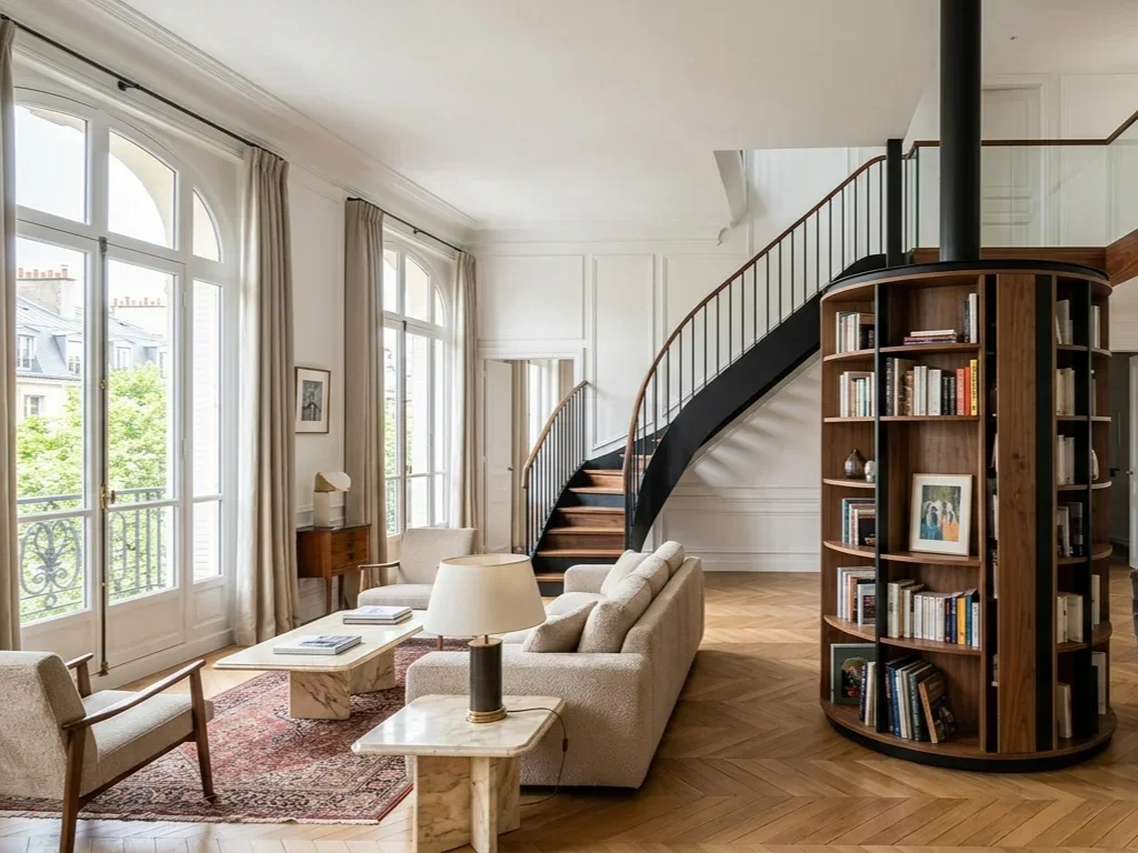 Aménagement contemporain d'un duplex à La Muette avec mobilier élégant et finitions en laiton.