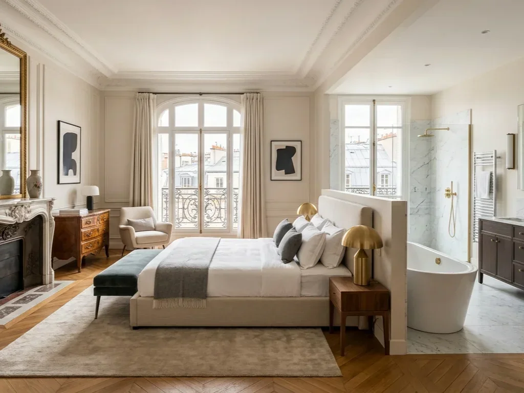 Salon haussmannien rénové avec moulures d'époque et mobilier contemporain haut de gamme avenue Foch.