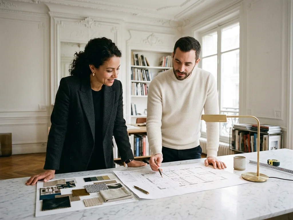 L'équipe d'DC Design collabore sur un projet dans leur studio parisien élégant du 16e arrondissement.