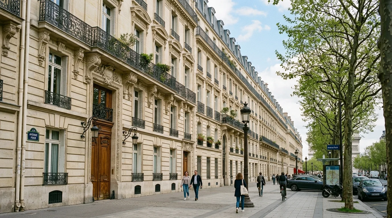 Façades haussmanniennes et hôtels particuliers du 16e arrondissement de Paris, entre Passy et Auteuil.