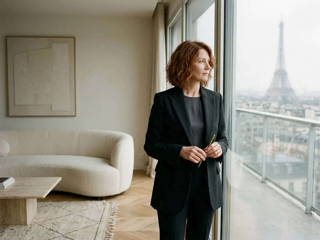Intérieur minimaliste du Loft Passy avec vue panoramique sur la Tour Eiffel et Paris.