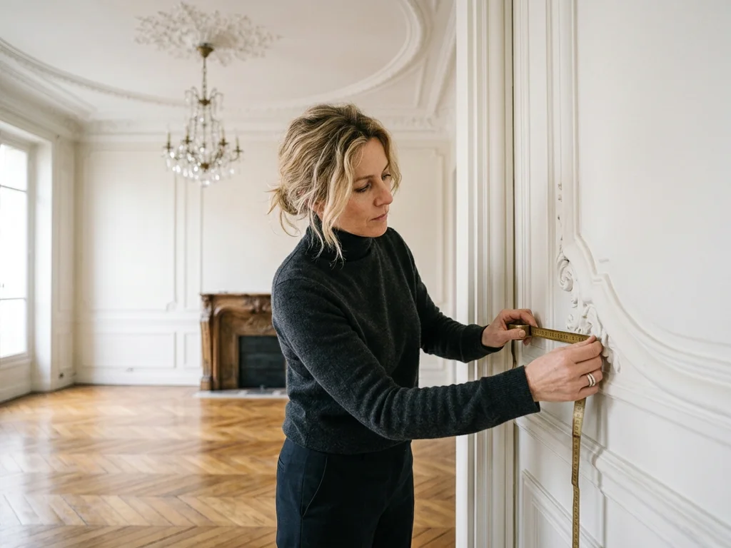 Architecte examinant les moulures d'un salon haussmannien, illustrant la précision des services de rénovation.