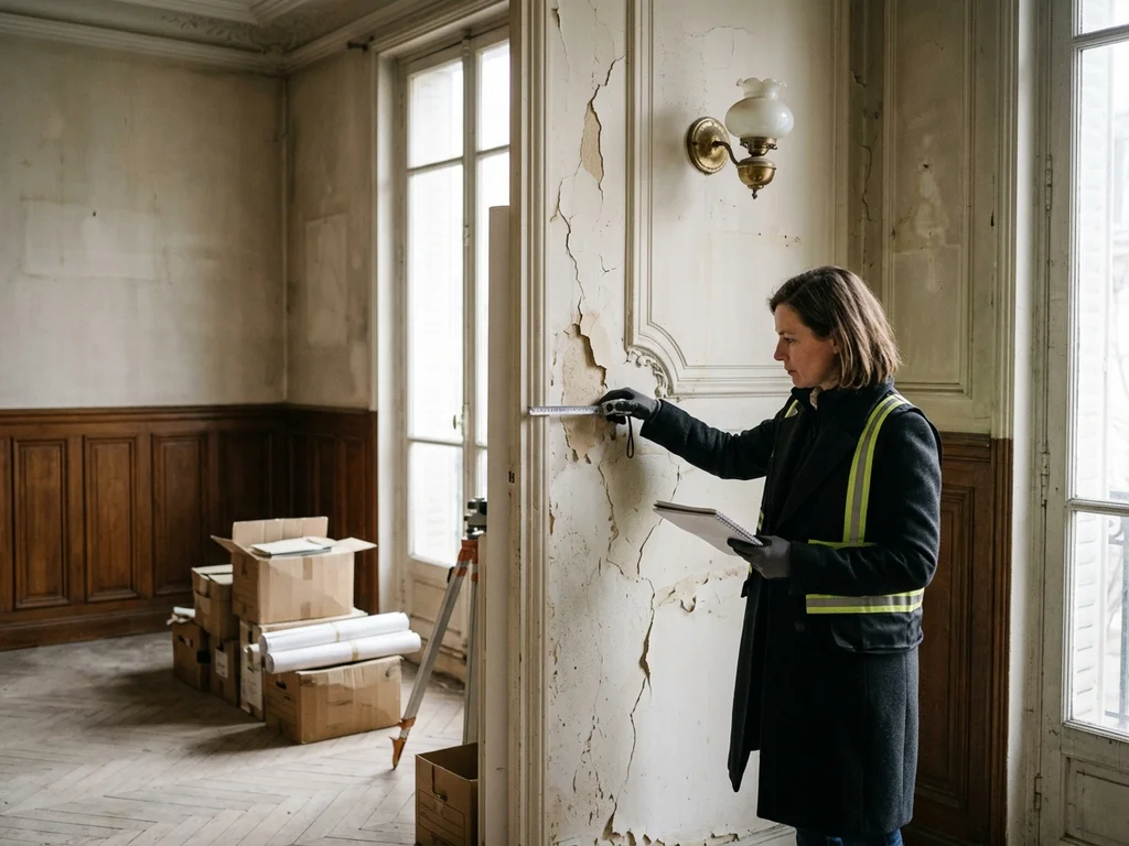Salon haussmannien sombre avant travaux avec boiseries anciennes et experte évaluant les rénovations nécessaires.
