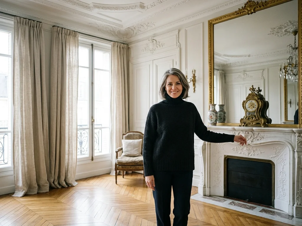 Salon haussmannien du 16e arrondissement avec parquet restauré et cheminée en marbre blanc d'origine.